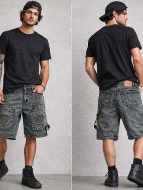 Men's Green Acid-Wash Skull Cargo Shorts